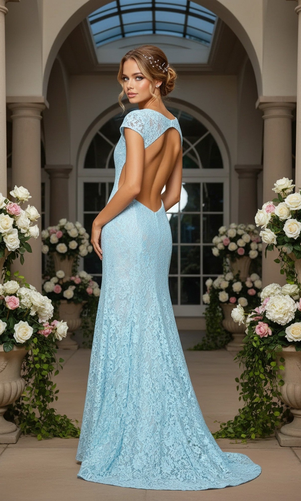 A woman in a Cap-Sleeve Long Lace Prom Dress (La Femme 21509) stands in an elegant, flower-filled hall, facing away from the camera.